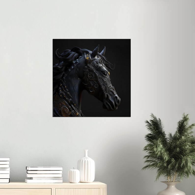 Majestic Fantasy Black Horse Canvas Wall Art, Horse Wall Decor, Colorful Canvas Art, Close up