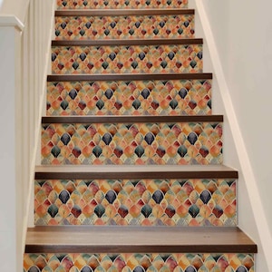 Boho Watercolor Art Deco Pattern, Peel and Stick Stair Riser, Vinyl Strip Self Adhesive, Easy to Trim, DIY Decor,Stair Riser Stickers