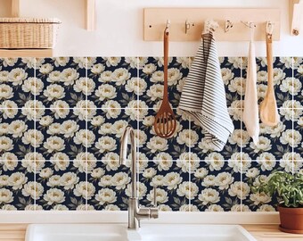 Midnight Botanical Peony Pattern,Peel & Stick Tile Sticker,Kitchen Bathroom Backsplash,Removable Decals,DIY Vinyl Renters decor - PACK OF 12