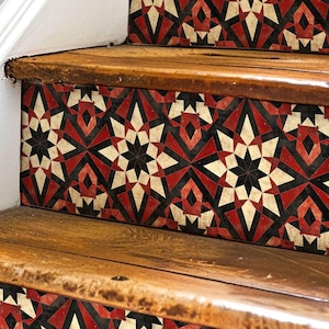 Rustic Moroccan Tile Pattern, Stair Riser Stickers,Peel and Stick Stair Riser,Vinyl Strip Self Adhesive,Easy to Trim,Removable DIY Decor