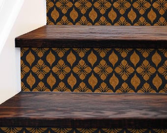 Luxurious Copper and Charcoal Damask Motif Pattern,Stair Riser Stickers,Peel and Stick Stair Riser,Vinyl Strip Self Adhesive,Easy to Trim
