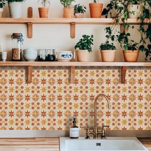 Könnte beinhalten: Eine Küchenszene mit Holzregalen mit Topfpflanzen, einer gemusterten Fliesenrückwand und einem weißen Waschbecken mit einer Messingarmatur. Das Fliesendesign hat ein Sternmuster in Orange- und Gelbtönen.