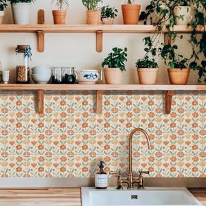 May include: A kitchen with wooden shelves holding potted plants and various kitchenware. The backsplash features a floral tile pattern in orange, yellow, and green. A brass faucet and white sink are in the foreground.