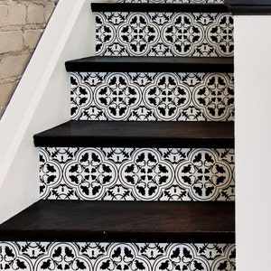 Adesivo de escada preto com aparência de azulejo marroquino, descasque e cole o degrau da escada, tira de vinil autoadesiva, acabamento fácil, decoração DIY removível, adesivos para degrau da escada