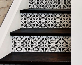 Moroccan Tile Look Black Stair Sticker,Peel & Stick Stair Riser,Vinyl Strip Self Adhesive,Easy Trim,Removable DIY Decor,Stair Riser Stickers