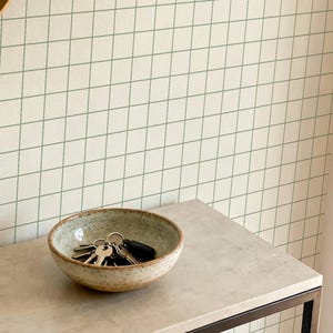 May include: A small, round, speckled ceramic bowl with a light beige and green glaze, containing a cluster of metal keys. The bowl sits against a wall featuring a white background with a thin, dark green grid pattern printed across the surface.