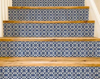 Adesivi per alzate delle scale con motivo a reticolo arabesco indaco, adesivi autoadesivi per alzate delle scale, strisce in vinile autoadesive, facili da ritagliare, decorazioni fai da te rimovibili.