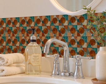 Diseño geométrico de mármol ámbar y verde azulado, adhesivo para azulejos, para salpicaderos de cocina y baño, adhesivos removibles.