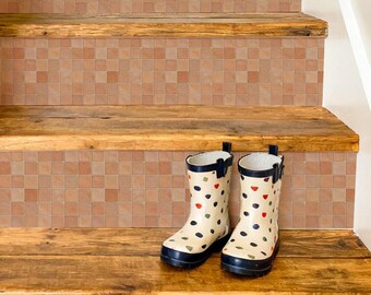 Rustic Terracotta Square Grid Pattern,Stair Riser Stickers,Peel and Stick Stair Riser,Vinyl Strip Self Adhesive,Easy to Trim