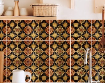 Adesivo per piastrelle con motivo Art Déco a raggiera dorata, facile da applicare e rimuovere, ideale per paraschizzi di cucina e bagno. Decalcomanie rimovibili, decorazioni fai da te in vinile per inquilini - CONFEZIONE DA 12