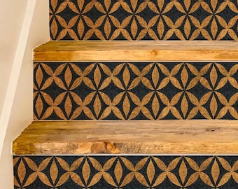 Metallic Gold Leaf Geometric Pattern,Stair Riser Stickers,Peel and Stick Stair Riser,Vinyl Strip Self Adhesive,Easy to Trim