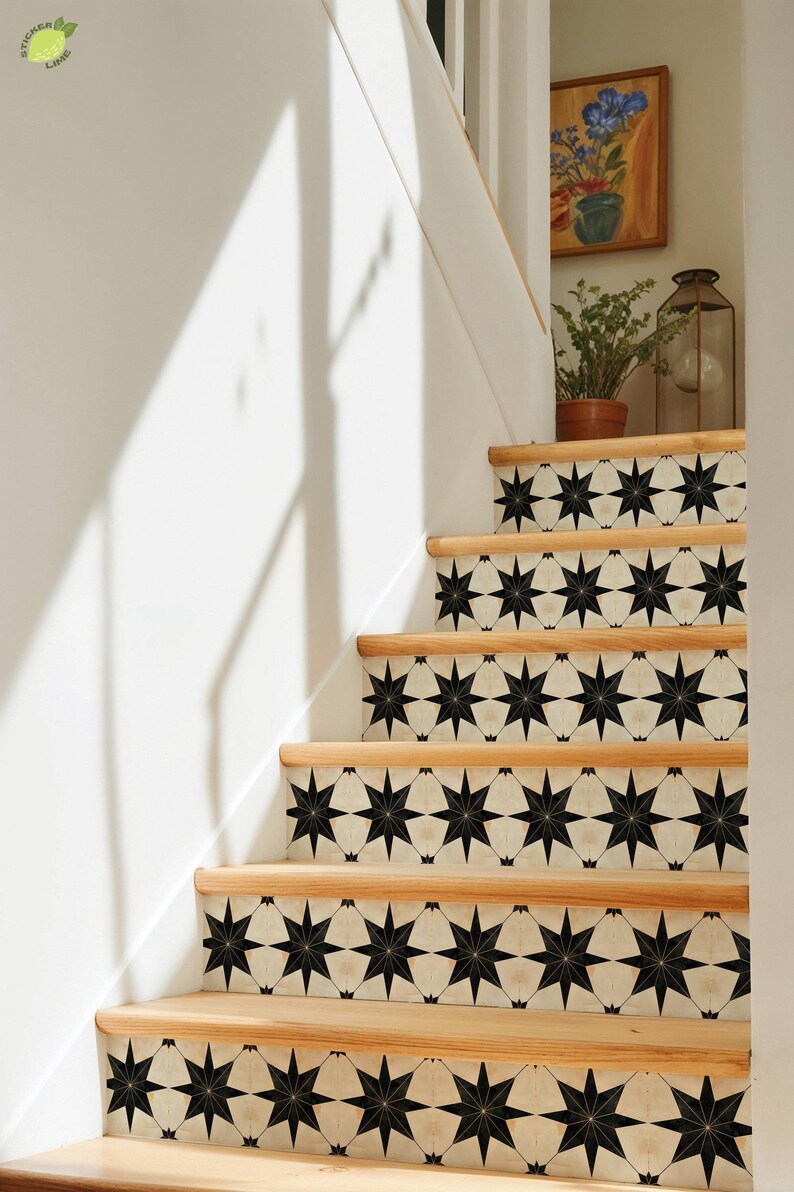 Gold & Black Boho Star Pattern, Stair Riser Stickers – Peel and Stick ...