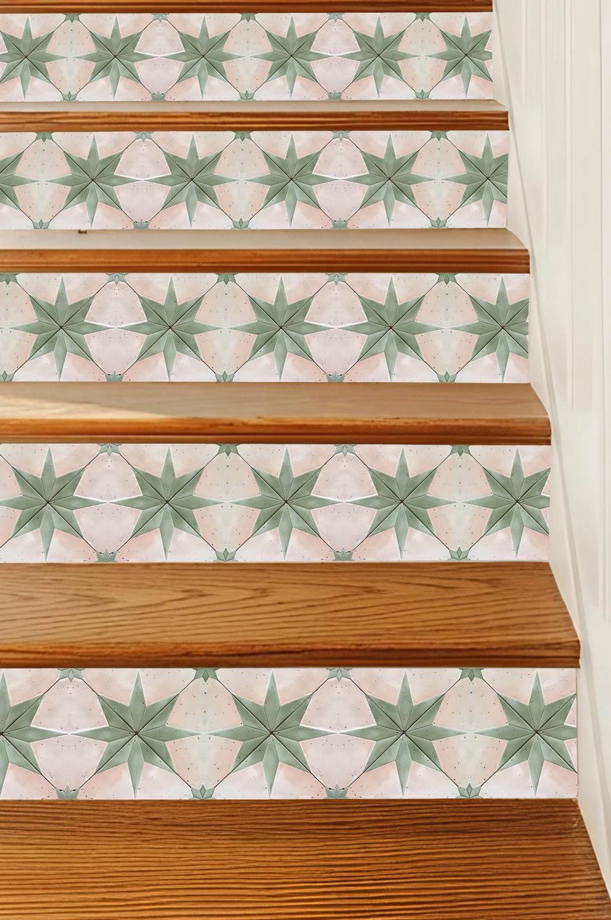 Boho Star Tile Pattern,Stair Riser Stickers,Peel and Stick Stair Riser,Vinyl Strip Self Adhesive,Easy to Trim,Removable DIY Decor