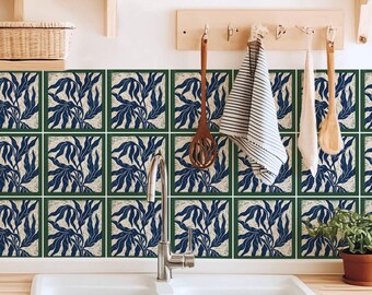 Bold Linocut Kelp Forest Botanical Pattern,Pattern Stickers,Peel & Stick Vinyl,Kitchen Bathroom Backsplash,DIY Decor - PACK OF 12