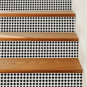 Luxurious Black and White Tile Pattern,Stair Riser Stickers,Peel and Stick Stair Riser,Vinyl Strip Self Adhesive,Easy to Trim
