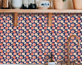 Adesivos de azulejo removíveis com estampa floral de peônias em azul marinho escuro, para cozinha e banheiro, ideais para decoração de paredes, perfeitos para inquilinos - Pacote com 12 unidades