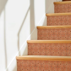 Puede incluir: Escalera con contrahuellas de baldosas de color terracota con un patrón de diamantes. Las huellas son de madera clara. La pared es blanca y una sombra se proyecta sobre la pared y las escaleras.