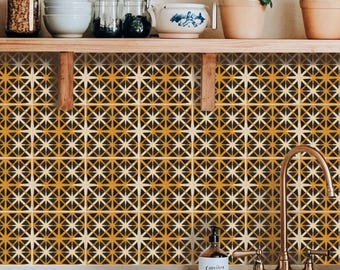 Black Amber Oversized Star Tile Pattern,Peel & Stick Tile Sticker,Kitchen Bathroom Backsplash,Removable Decals