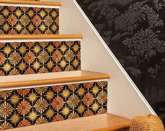 Adesivi per alzate delle scale con motivo a raggiera dorata in stile Art Déco, facili da applicare e rimuovere, strisce in vinile autoadesive, facili da tagliare, decorazioni fai da te rimovibili.