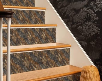 Rustic Dark Feather Motif Design Pattern,Stair Riser Stickers,Peel and Stick Stair Riser,Vinyl Strip Self Adhesive,Easy to Trim