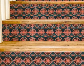 Coral Sunburst Tile Pattern,Stair Riser Stickers,Peel and Stick Stair Riser,Vinyl Strip Self Adhesive,Easy to Trim,Removable DIY Decor
