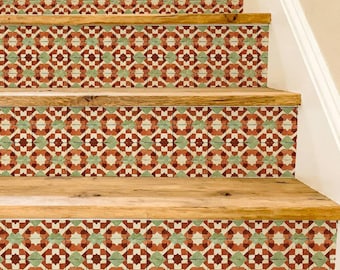 Geometryczny wzór w stylu marokańskim w odcieniach ziemi, naklejki na stopnie schodów, samoprzylepne naklejki na stopnie schodów, samoprzylepne paski winylowe, łatwe do przycięcia