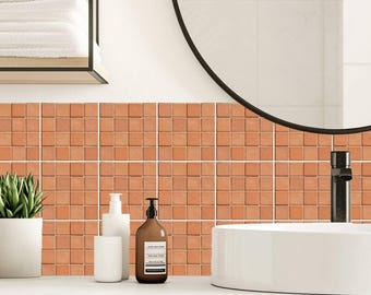 Adesivo per piastrelle con motivo rustico a quadrati in terracotta, facile da applicare e rimuovere, ideale per rivestimento di cucina e bagno.