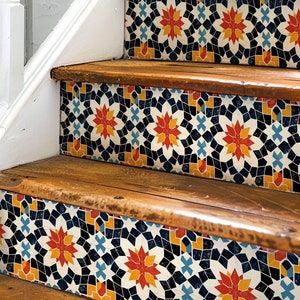 Moroccan Tile Pattern,Stair Riser Stickers,Peel and Stick Stair Riser,Vinyl Strip Self Adhesive,Easy to Trim,Removable DIY Decor