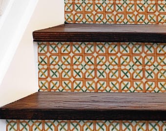 Terracotta Arabesque Lattice Pattern,Stair Riser Stickers,Peel and Stick Stair Riser,Vinyl Strip Self Adhesive,Easy to Trim