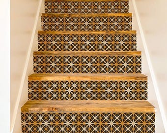 Black Amber Oversized Star Tile Pattern,Stair Riser Stickers,Peel and Stick Stair Riser,Vinyl Strip Self Adhesive,Easy to Trim