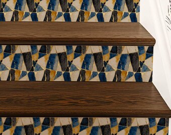 Gold Kintsugi Cobalt Terrazzo Pattern,Stair Riser Stickers,Peel and Stick Stair Riser,Vinyl Strip Self Adhesive,Easy to Trim,DIY Decor