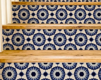 Cobalt Oversized Starburst Medallion Pattern,Stair Riser Stickers,Peel and Stick Stair Riser,Vinyl Strip Self Adhesive,Easy to Trim