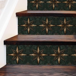 May include: Dark green and gold star-shaped tile decals for stairs. The decals are arranged in a repeating pattern and are designed to look like vintage tiles.