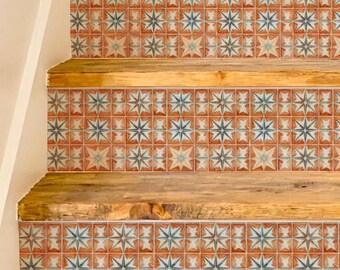 Terracotta Boho Star Pattern,Stair Riser Stickers,Peel and Stick Stair Riser,Vinyl Strip Self Adhesive,Easy to Trim,Removable DIY Decor