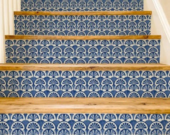 Adesivi per alzate delle scale con motivo ad archi Art Déco color indaco, adesivi autoadesivi per alzate delle scale, strisce in vinile autoadesive, facili da ritagliare, decorazioni fai da te rimovibili.