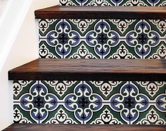 May include: Stair treads with a green, blue, and white patterned tile design. The tile pattern features a repeating geometric design with intricate details.