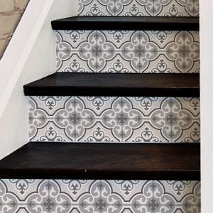 Adesivo de escada de azulejo marroquino cinza com aparência tecida C, descasque e cole o degrau, tira de vinil autoadesiva, fácil de aparar, decoração faça você mesmo, adesivos de degrau de escada