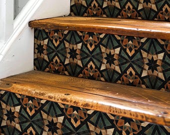 Rustic Moroccan Tile Pattern, Stair Riser Stickers,Peel and Stick Stair Riser,Vinyl Strip Self Adhesive,Easy to Trim,Removable DIY Decor