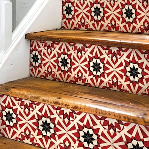 Rustic Moroccan Tile Pattern, Stair Riser Stickers,Peel and Stick Stair Riser,Vinyl Strip Self Adhesive,Easy to Trim,Removable DIY Decor