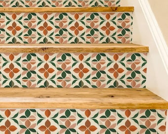 Mid-Century Botanical Geometric Motif Pattern,Stair Riser Stickers,Peel and Stick Stair Riser,Vinyl Strip Self Adhesive,Easy to Trim