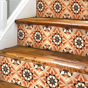 Rustic Moroccan Tile Pattern, Stair Riser Stickers,Peel and Stick Stair Riser,Vinyl Strip Self Adhesive,Easy to Trim,Removable DIY Decor