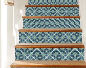 Teal Cream Art Deco Sunburst Medallion Pattern,Stair Riser Stickers,Peel and Stick Stair Riser,Vinyl Strip Self Adhesive,Easy to Trim