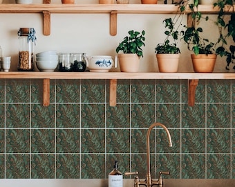 Diseño textil con bordado de helecho cobrizo, adhesivo para azulejos autoadhesivo, para salpicaderos de cocina y baño, calcomanías removibles.