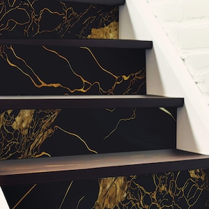 Black Gold Marble Tile Wall Stair Riser Self Adhesive Vinyl Stickers,Peel&Stick Home Decor,Vinyl Strip Self Adhesive,Easy to Trim,DIY Decor