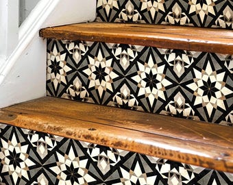 Rustic Moroccan Tile Pattern, Stair Riser Stickers,Peel and Stick Stair Riser,Vinyl Strip Self Adhesive,Easy to Trim,Removable DIY Decor