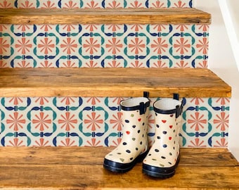 Sunburst Atomic Boomerang Mosaic Pattern,Stair Riser Stickers,Peel and Stick Stair Riser,Vinyl Strip Self Adhesive,Easy to Trim