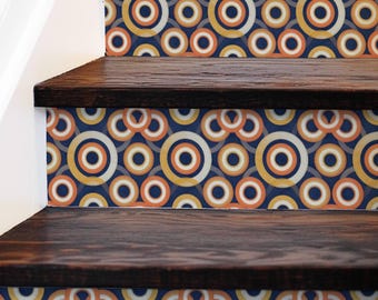 Bold Concentric Circle Decorative Tile Pattern,Stair Riser Stickers,Peel and Stick Stair Riser,Vinyl Strip Self Adhesive,Easy to Trim