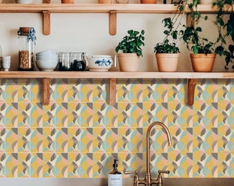 Modern geometrisch bladmotiefpatroon uit het midden van de eeuw, tegelsticker peel & stick, achterwand keuken badkamer, verwijderbare stickers