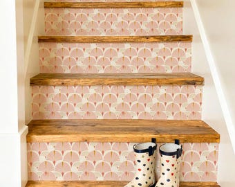 Sakura Pink Oversized Art Deco Fan Pattern,Stair Riser Stickers,Peel and Stick Stair Riser,Vinyl Strip Self Adhesive,Easy to Trim,DIY Decor