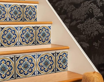Blue & White Mandala Pattern, Stair Riser Stickers – Peel and Stick Vinyl Strips, Easy to Trim, Matte or Gloss